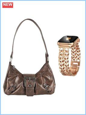 Crescent Shoulder Bag and Double Chain Watch Band Set Vegan PU Leather
